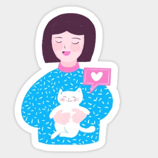 Happy girl with adorable white kitten Sticker